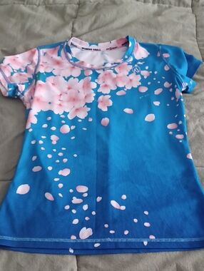 INKnBURN Blue Rash Guard Top with Pink Floral Print